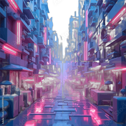Futuristic Cityscape At Night Vibrant Neon Lights Illuminate Modern Structures
