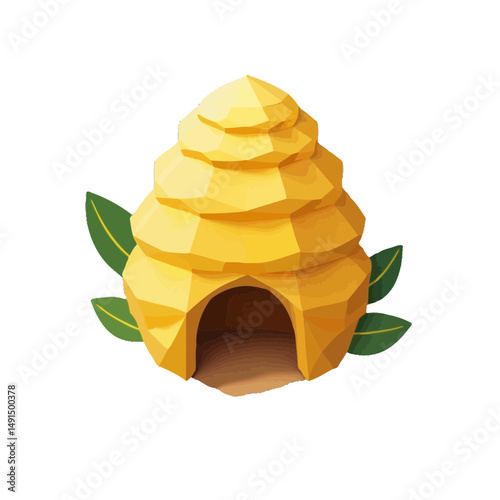 Low Poly Beehive with Green Leaves Illustration