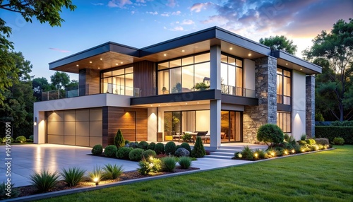 Dream Home Modern Luxury House at Dusk.
