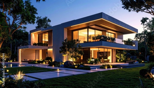 Wallpaper Mural Modern Luxury Home at Twilight Illuminated Architecture  Landscaping. Torontodigital.ca