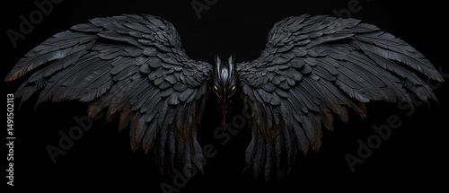 Dark, large wings with a creature's head in the center, glowing eyes against a black background