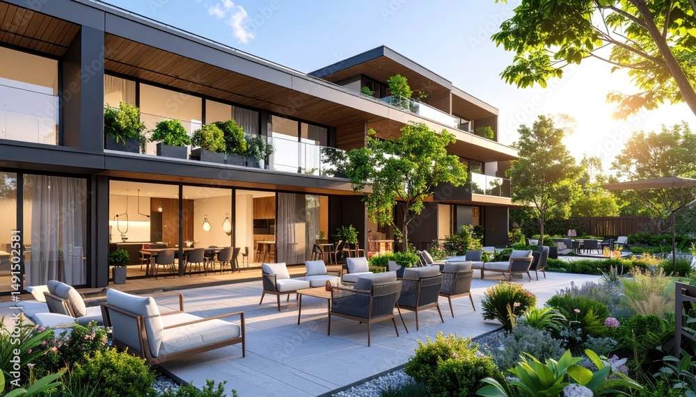 Fototapeta premium Modern Luxury Serene Terrace Oasis with Contemporary Living in Style.
