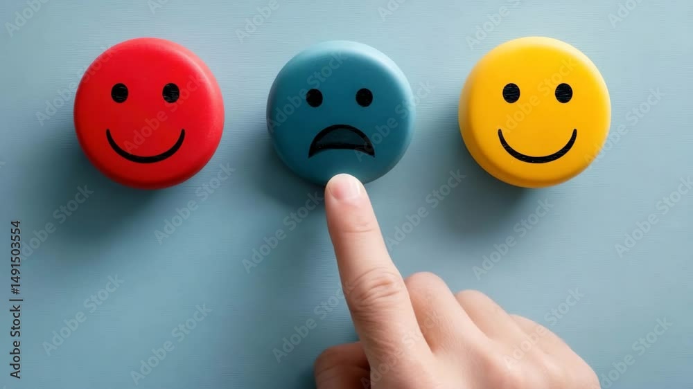 Hand pressing blue sad face button among red and yellow happy face buttons on blue background, symbolizing emotion choice and mood selection with finger pressing sad face button between smiling faces.