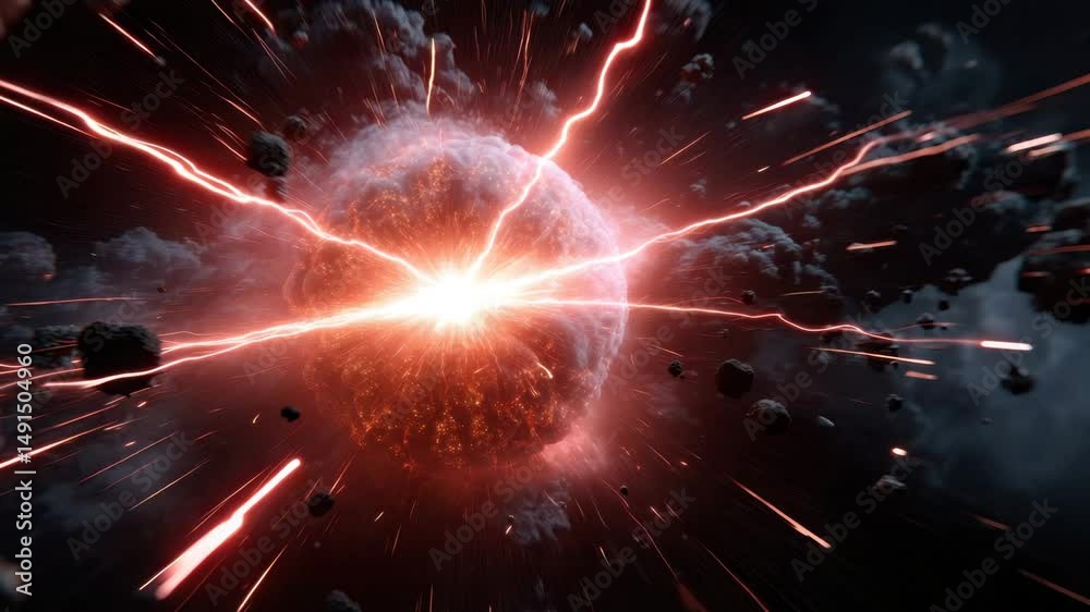 Dramatic cosmic explosion with bright red lightning, debris flying through space, intense energy and power in powerful celestial event of destruction and cosmic debris