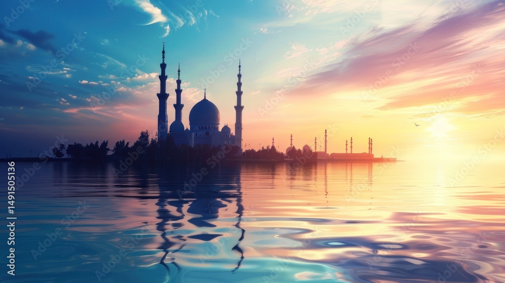Naklejka premium Sunrise Mosque Reflection, peaceful waters, vibrant sky, travel postcard