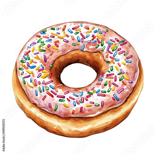 Glazed Donut With Rainbow Sprinkles, watercolor vector, high quality, isolated on a white background.