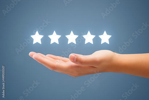 Hands holding paper reaching skyward, expressing hope and freedom- Five star rating review slider bar button background 
