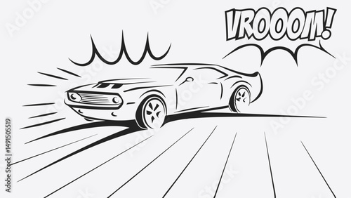 Stylized muscle car speeding with motion lines and vroom sound effect in black and white illustration editable vector eps/eps