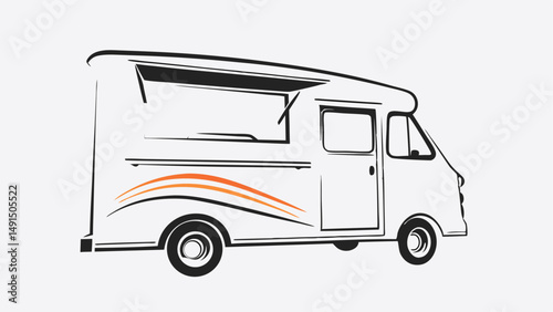 Illustration of a food truck with an open serving window and orange stripes on its side panel design editable vector eps/eps