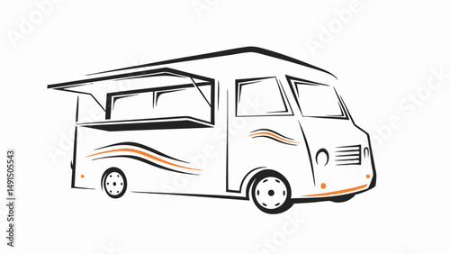 Illustration of a stylized food truck with open serving window and orange accent lines on white editable vector eps/eps