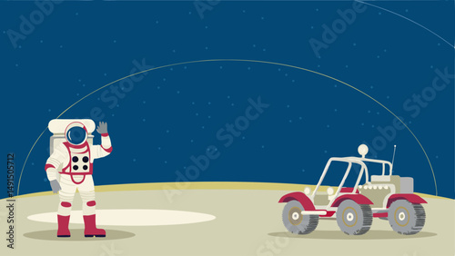 Astronaut waving next to a lunar rover on the moon with a starry sky and earth in the background editable vector eps/eps