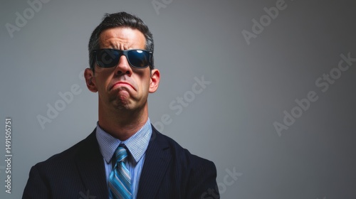 Serious businessman in sunglasses looking skeptical and disapproving with a frown face
