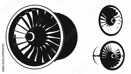 Three black and white illustrations of a jet engine with visible fan blades and circular housing design editable vector eps/eps