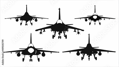 Silhouette depiction of five fighter jets in various poses against a white background, showcasing military aircraft editable vector eps/eps