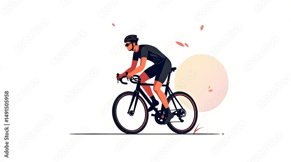 Fototapeta premium Vector illustration image showcases a cyclist in motion, speeding down a smooth road with determination and precision. Dressed in a striking jersey and, the rider professionalism. For design