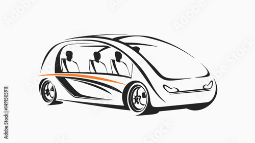 Stylized futuristic car with passengers in black and white with an orange accent line design element editable vector eps/eps