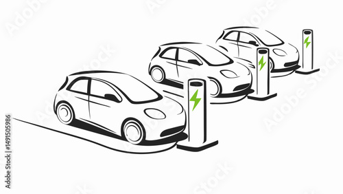 Three electric cars charging at charging stations with lightning bolt symbols in a row design style editable vector eps/eps