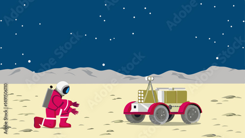An astronaut in a pink suit kneels on the moon next to a lunar rover under a starry night sky landscape editable vector eps/eps