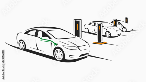 Electric cars charging at a station with a green cable connected to the front vehicle at the station editable vector eps/eps