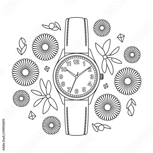 ‎A black and white Wristwatch illustration line art of a coloring page white background