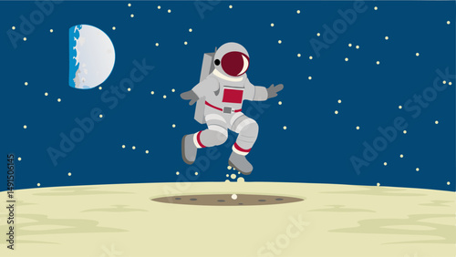 Astronaut jumping on the moon surface with earth visible in the background under starry night sky editable vector eps/eps
