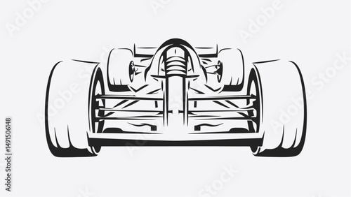 Front view of a race car with prominent tires and detailed chassis in black and white outline style editable vector eps/eps