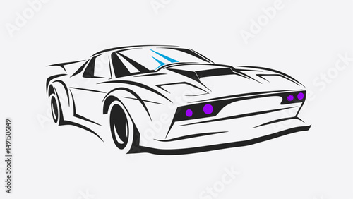 Stylized illustration of a white car with black outlines and purple headlights on a white background editable vector eps/eps