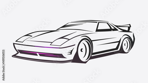 Stylized black and white illustration of a sports car with a spoiler and purple accents on the front editable vector eps/eps