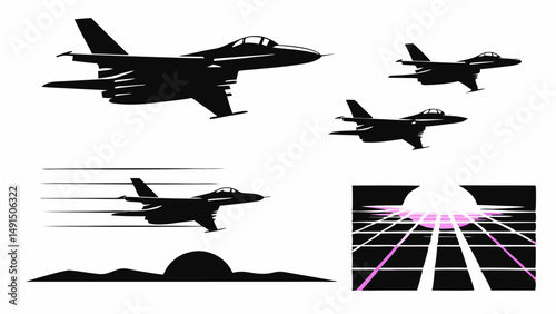 Silhouette representation featuring multiple fighter jets in flight and a retro style sunset scene design editable vector eps/eps
