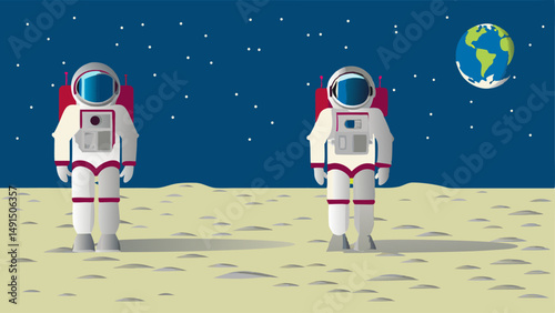 Two astronauts standing on the moon surface with earth and stars in the background in space scene editable vector eps/eps