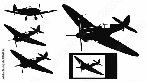 Silhouette illustration showcasing multiple world war ii era fighter planes in various orientations editable vector eps/eps