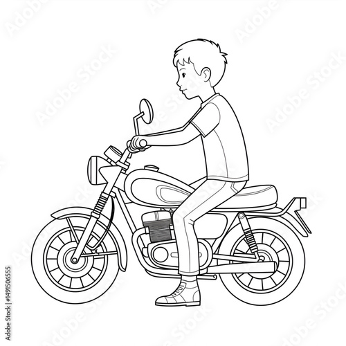 ‎A black and white A boy is sitting on a motorcycle illustration line art of a coloring page white background