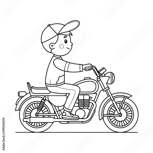 ‎A black and white A boy is sitting on a motorcycle illustration line art of a coloring page white background