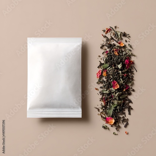 Minimal tea sachet mockup with blank space for branding, placed beside loose leaf tea