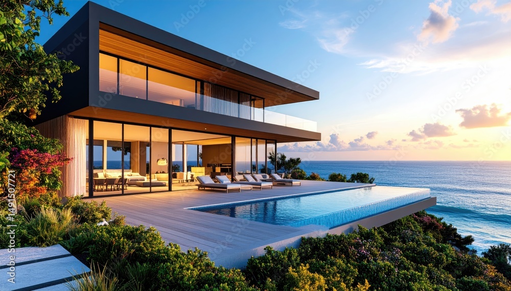 Obraz premium Coastal Dream Home Modern Luxury Villa With Infinity Pool at Sunset.
