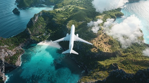 Tropical island scenery with a jet plane in flight.