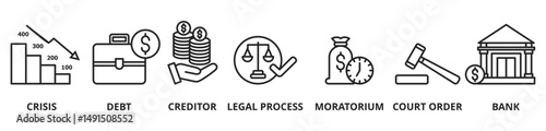 Bankruptcy Concept with vector icons. Bankruptcy is a legal process through which people or other entities who cannot repay debts to creditors may seek relief from some or all of their debts
