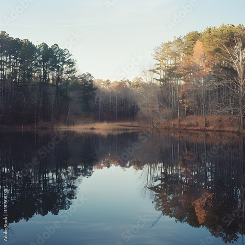 Serene Lakeview Reflection: Tranquil Autumn Forest Scenery in Vibrant Nature Photography photo