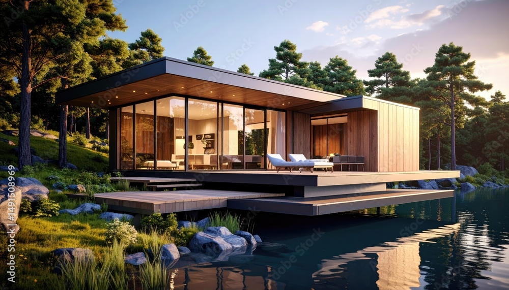 Lakeside Retreat Modern Home Nestled Among Trees by Still Water. Lakeside Retreat Modern Home Nestled Among Trees by Still Water.