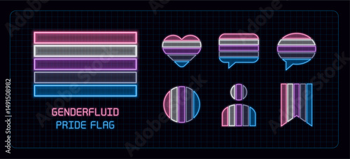 Genderfluid pride flag icon set, neon glow visuals. Pride month flag, gender identity and expression theme.