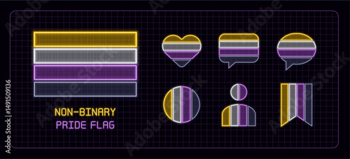 Non-binary pride flag icon set, neon glow visuals. Pride month flag, gender identity and expression theme.
