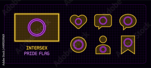 Intersex pride flag icon set, neon glow visuals. Pride month flag, gender identity and expression theme.