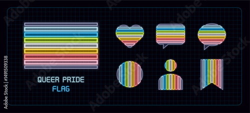 Queer pride pride flag icon set, neon glow visuals. Pride month, gender and sexual orientation diversity theme.