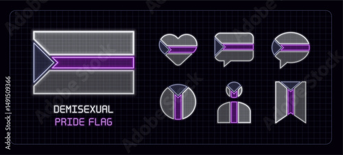 Demisexual pride flag icon set, neon glow visuals. Pride month flag, sexual orientation theme.