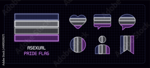 Asexual pride flag icon set, neon glow visuals. Pride month flag, sexual orientation theme.