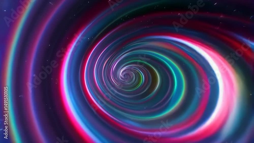 Hypnotic spiral of swirling rainbow light trails create an abstract tunnel with a glowing center point drawing the eye in