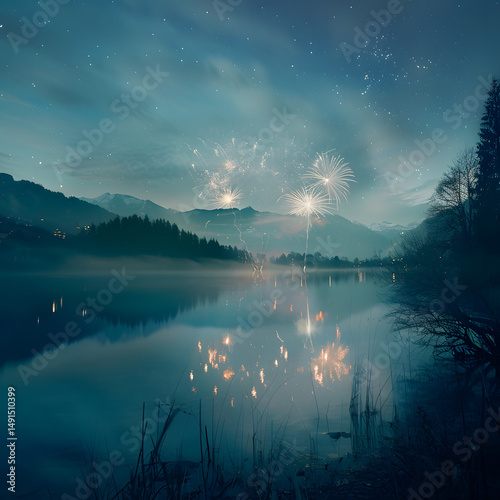 Spectacular Fireworks Illuminate the Night Sky Over a Tranquil Lake with Starry Mountain Reflection