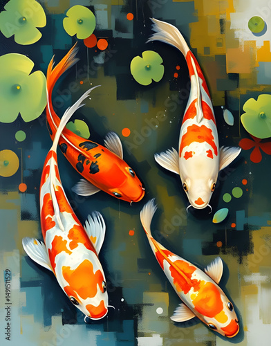 Koi fish in pond, Koi pond painting, Japanese koi art, Koi fish illustration, Zen koi pond, Koi watercolor, Colorful koi fish, Koi carp in water, Tranquil pond art, Koi fish swimming, Fish in lily pon