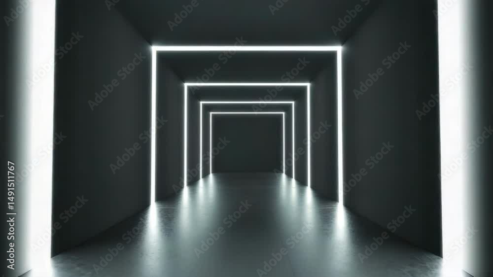 Futuristic corridor with glowing white rectangular light frames creating modern and sleek interior in dark space, reflective floor enhances mysterious and minimalistic tunnel effect. Futuristic corridor with glowing white rectangular light frames creating modern and sleek interior in dark space, reflective floor enhances mysterious and minimalistic tunnel effect.