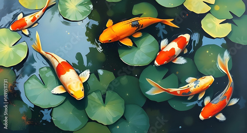 Koi fish in pond, Koi pond painting, Japanese koi art, Koi fish illustration, Zen koi pond, Koi watercolor, Colorful koi fish, Koi carp in water, Tranquil pond art, Koi fish swimming, Fish in lily pon